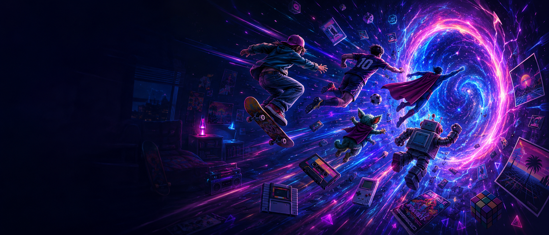 Skateboarder, footballer and retro toys flying into a neon time portal above 90s gadgets